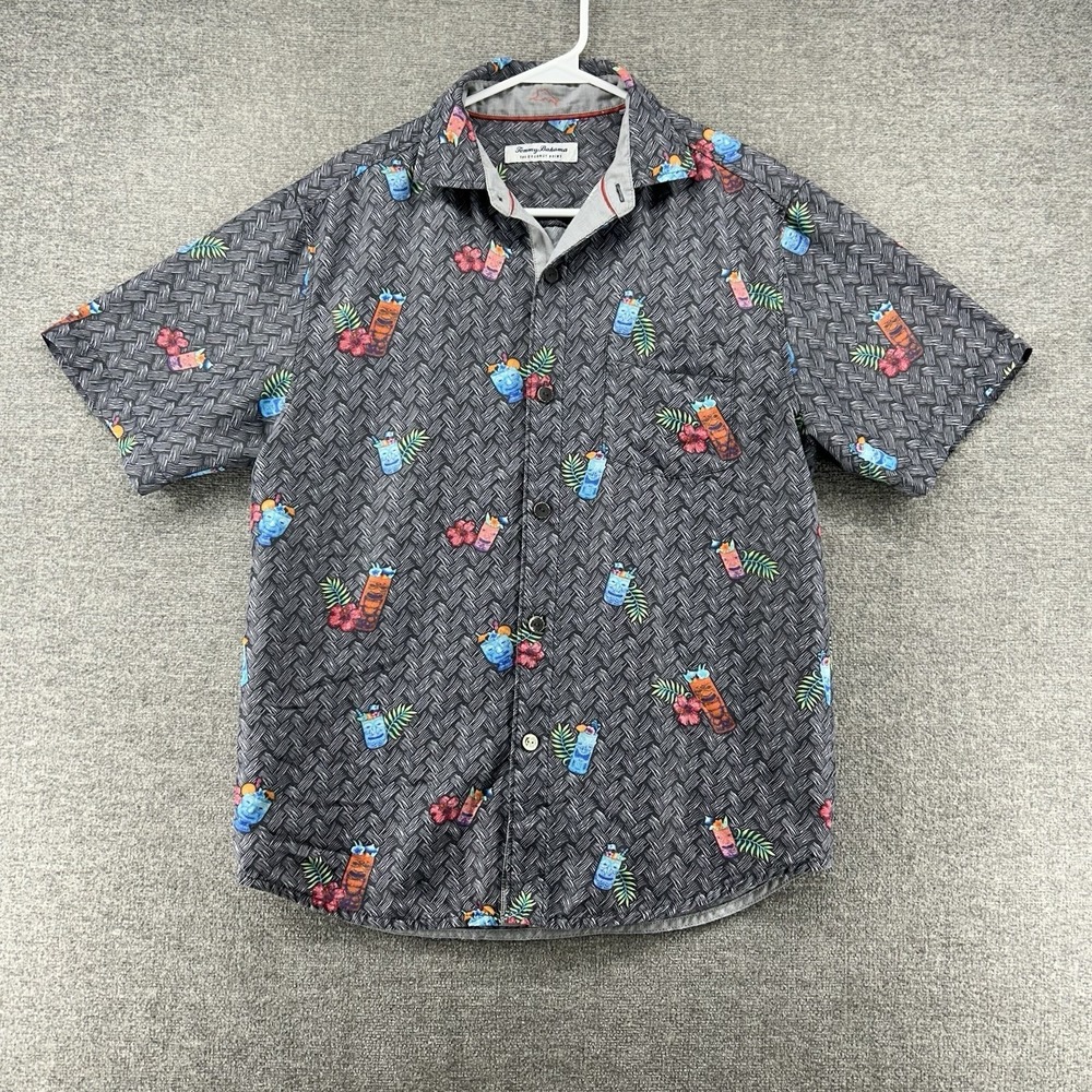 Tommy Bahama The Coconut Point Shirt Men Size Small‎ Gray Geometric Short Sleeve